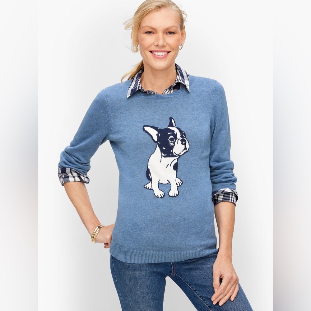 TALBOTS L French Bulldog Crewneck Pullover Sweater Frenchie Parisian French Blue - Picture 9 of 11